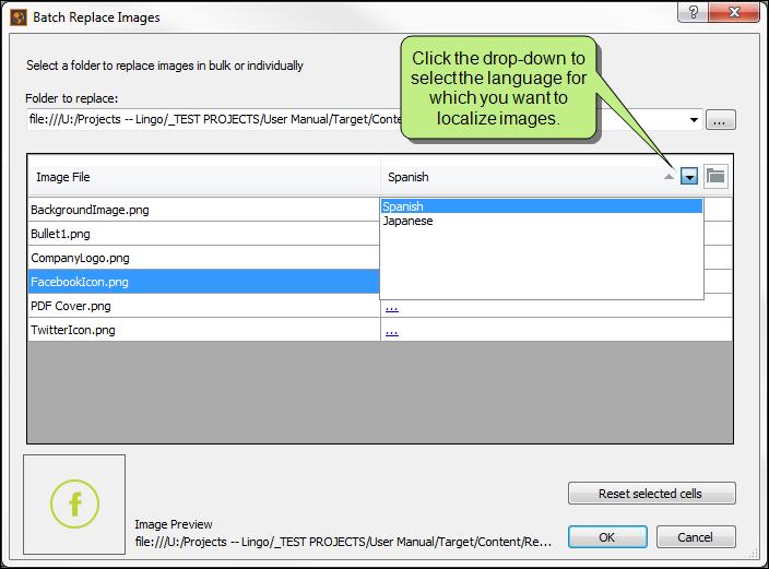 Batch image replacement supports multilingual projects. The currently selected active language is shown in the dialog by default.