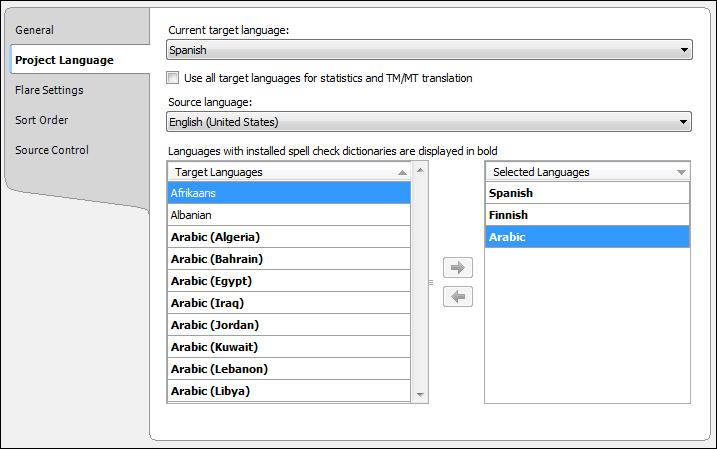 Project Language View and change the project's current target language and the source file's language.