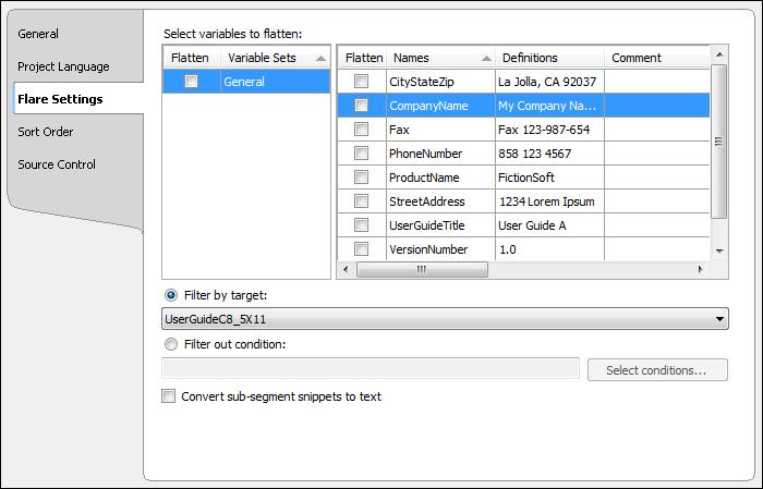 Flare Settings Select the variable sets or individual variables you want to flatten, select project filtering options, and choose