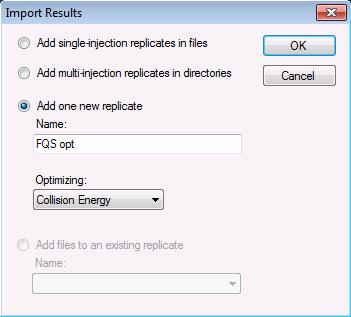 c Type a Name for the import. In this example, Name is set to FQS opt. d Select Collision Energy from the Optimizing list. e Click the OK button.