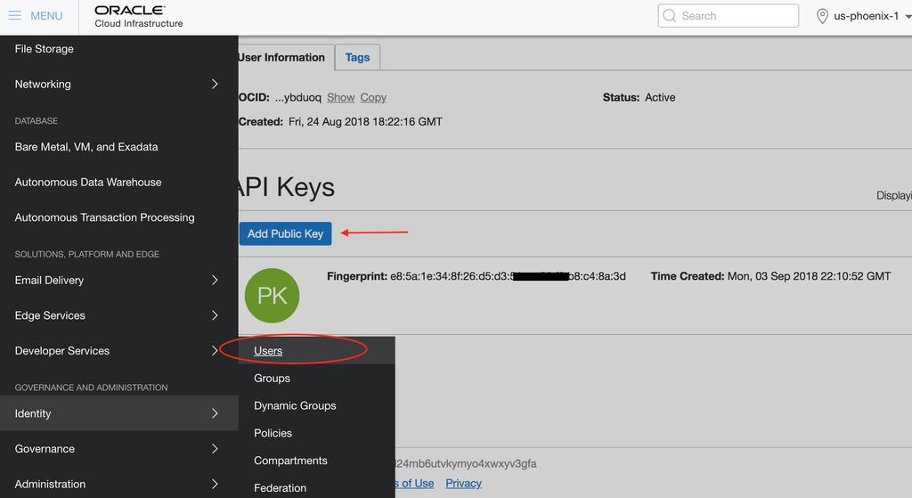 Then generate a public key using the private key you just created $ openssl rsa -pubout -in ~/oci_api_key.pem -out ~/oci_api_key_public.pem Upload the public key to your OCI account from the console.