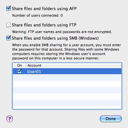 3.2 Preparation for SMB Send 3 8 Click [Options...], and select the [Share files and folders using SMB (Windows)] check box. Then, select the log-in user name (displayed name) check box.