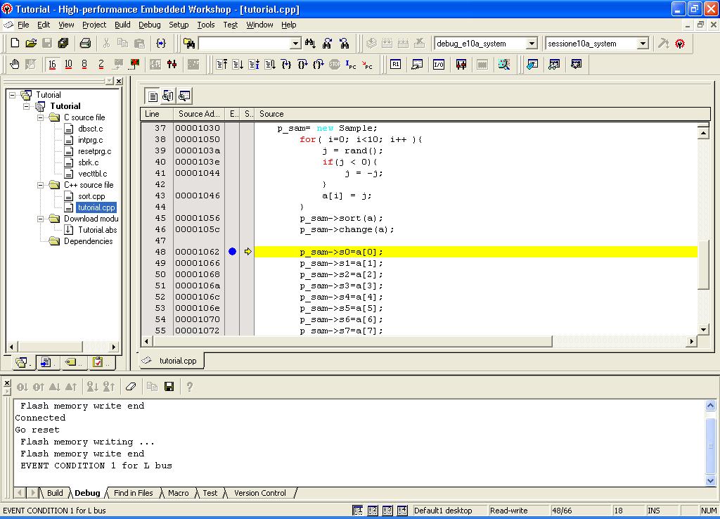 6.3.7 Executing a Program (1) Select [Reset Go] from the [Debug] menu to execute a program. Figure 6.32 Executing a Program after a Reset 6.3.8 Break Occurrence (1) When a break condition is satisfied, the source window shows the program stop position.
