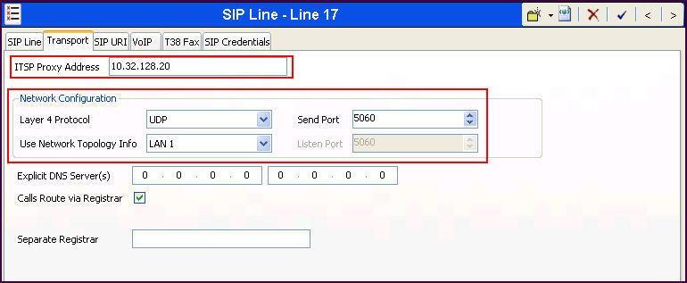 5.4.3. SIP Line Transport Tab Navigate to the Transport tab and set the following: Set the ITSP Proxy Address to the IP address of the internal signaling interface of the Avaya SBCE.