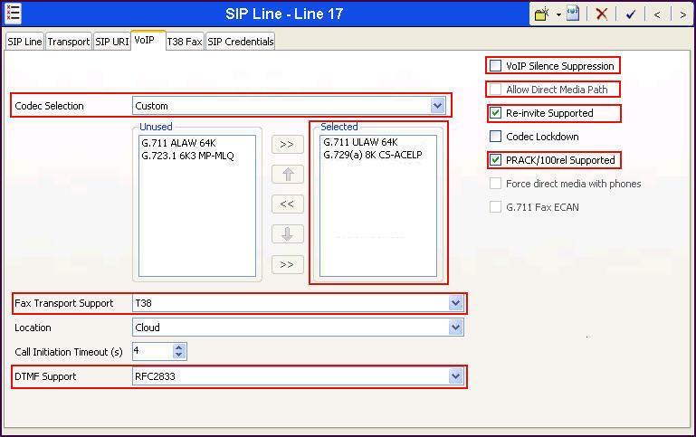 5.4.6. SIP Line VoIP Tab Select the VoIP tab to set the Voice over Internet Protocol parameters of the SIP line. Set the parameters as shown below. Set the Codec Selection to Custom. Choose G.