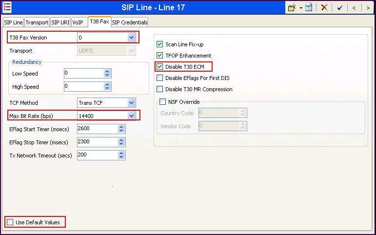 5.4.7. SIP Line T.38 Fax Tab Select the T38 Fax tab to set the Fax over Internet Protocol parameters of the SIP line. Set the parameters as shown below.