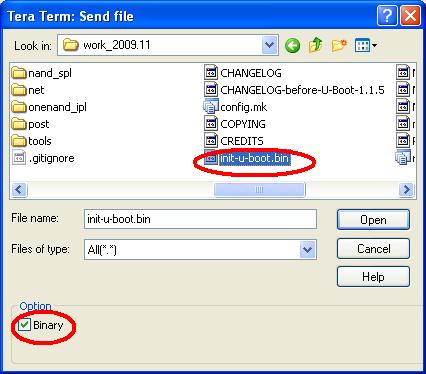 Select File -> Send file option from the terminal application s menu and the next screen will appear: Don t forget to check the Binary option, as the file to send is a binary image. Fig 5.