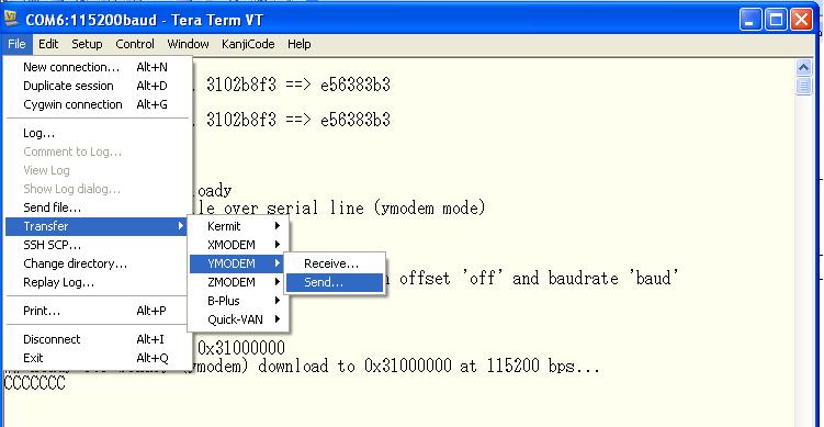 Fig 7. Y-modem transfer menu a. Now select the file in file selection dialog box. After file is selected the file transfer will start and following progress dialog should appear. Fig 8.