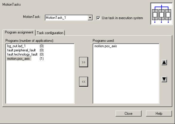 Configure execution system 13.3 Assign programs to tasks Select the MCC program motion.pos_axis and click the >> button. The program is displayed under Programs used.