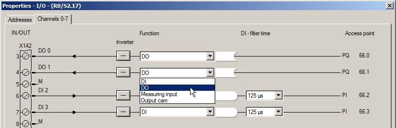 Configure digital outputs You define the digital outputs as follows 1. Double-click the element Inputs/outupts X142 in the project tree below the SIMOTION device. The I/O properties dialog opens. 2.