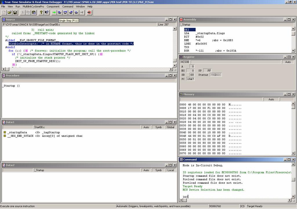 Figure 15. HiWave Debugger Main Window 8. To run the program, users have two options: a) Disconnect the BDM cable from the board and push the Reset button on the board once.