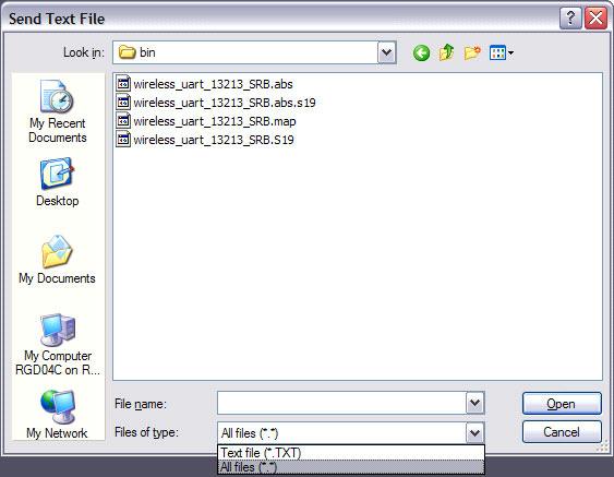 Configure the Send Text File window to look for all file types as shown in Figure 60. Figure 60. Setting the Send Text File Window to Look For All File Types 8.