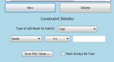 Figure 28: Constraint details. We now want to set the details for this Constraint. We want to specify that the Trait called Possible victim should be equal to True.