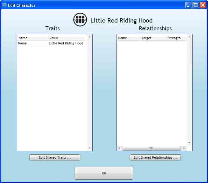 Figure 4: Edit character window. The Edit Character window contains two lists, Traits and Relationships.