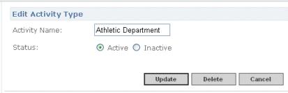 144 Setting Up Trip Activity Types 2. Click to display a blank record. 3. Enter the name of the Activity Type in the Name field. 4. Select ACTIVE for the status.