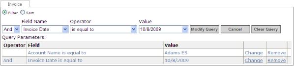 Chapter 4 Working with Reports in Triptracker 269 7. Click to modify a query. For example, we have clicked the change link for Account Name is equal to Adams ES. 8.