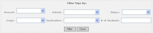 24 Triptracker Calendar Filtering Trips and Printing a Trip List Report from the Calendar You can filter viewed trips by account, activity, status, origin, destination, and number of students.