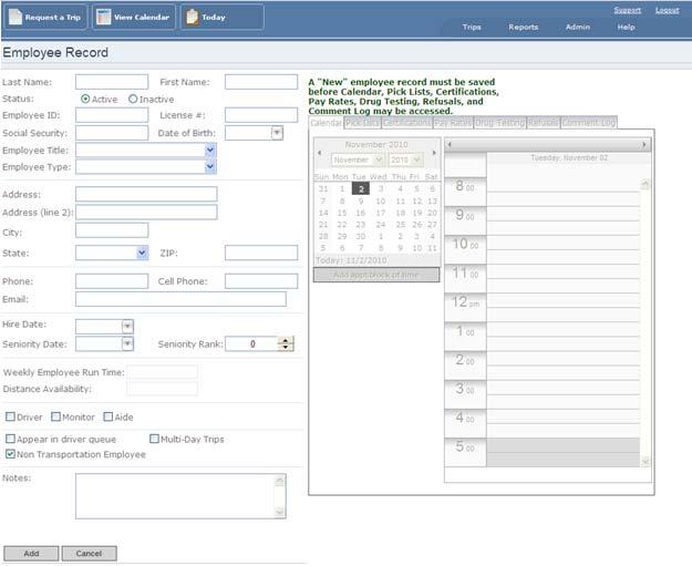 Chapter 2 Working with the Records 71 2. Click to display a blank Employee Record screen. Note: If you have Routing & Planning and Fleetvision, the building, vehicle, and employee data is shared.