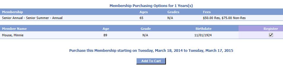 Search for the Membership Tip: Enter % to obtain a complete listing of Memberships F. Click Purchasing Options to select the membership. G.