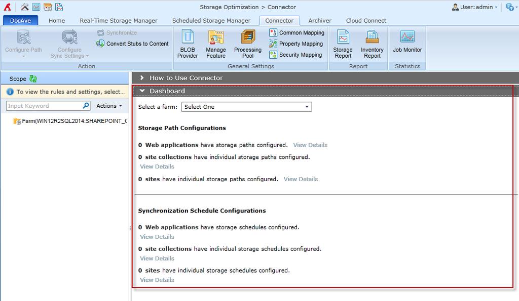 User Interface Overview After clicking Cnnectr, the Strage Optimizatin suite user interface launches with the Cnnectr tab active.