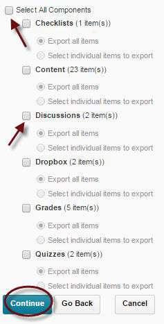 You can check the box next to Select All Components to export all course content.