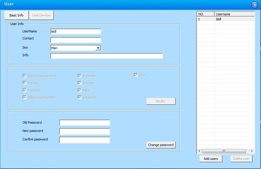 Click Add User, pop out the "Add users". Note: 1. Add users, you should choose the appropriate authority for the user. 2.