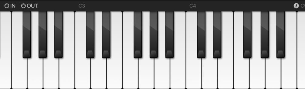 The keyboard (application) 1 2 3 4 5 1. MIDI In 2. MIDI Out 3. Infos 4. Scroll, size area 5.