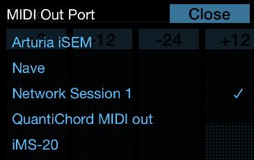 8 8. Touch the "MIDI IN" or "MIDI OUT" button on the top left of the keyboard. 9. Select "Network Session 1" to send or receive MIDI through the MIDI over WiFi network.