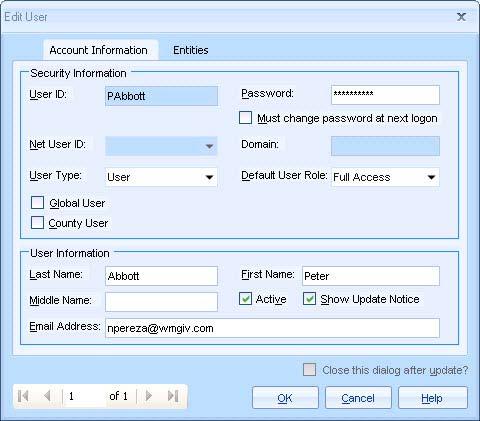 Entities Entity Users Add/Edit User Individual Entity User records consist of the user's name, account information, and connection group restrictions, if any.
