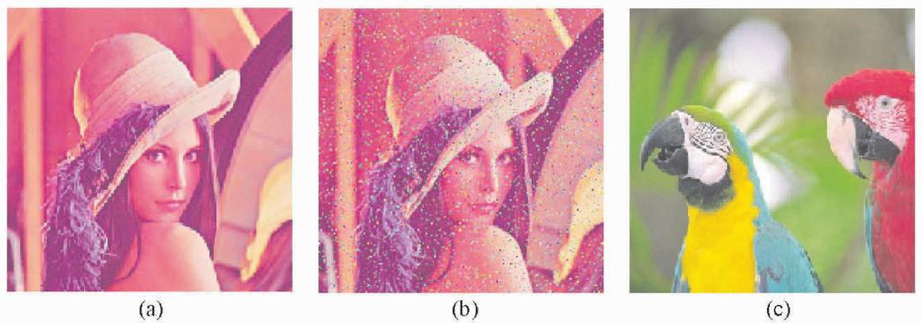 270 Figure 1. 256 256 test color images: (a) original image Lena, (b) image Lena corrupted by 10% impulsive noise, (c) original image Parrots. Figure 2. WVF adaptation capability v.s. MSE expressed for the image Lena corrupted by impulsive noise: (a) 0% noise, (b) 2% noise, (c) 5% noise, (d) 10% noise, (e) 15% noise, (f) 20% noise.