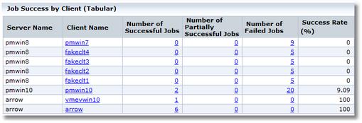 236 Number of Partially Successful Jobs Number of Failed Jobs Figure 2-64 shows a sample view of the Job Success by Client (Tabular) report.