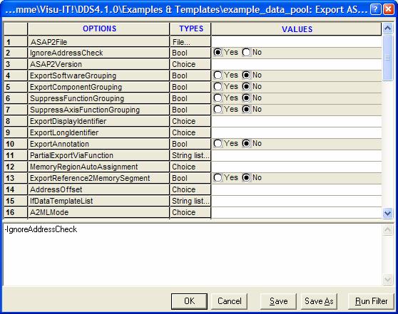 Export ASAM-MCD-2 MC Main Settings Export ASAP2 is used to export a DDS database to a file in ASAP2 format.