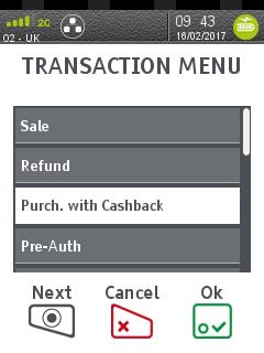 PWCB Inserted Card Press at the Idle Screen. Highlight Purch. with Cashback as described earlier and then press.