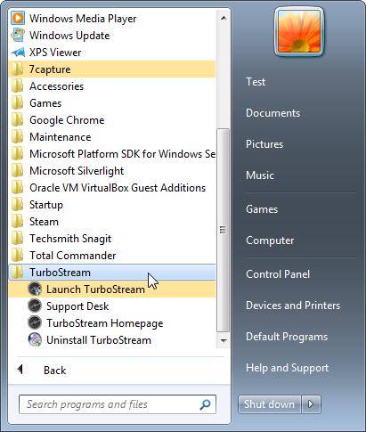 Windows Start Menu Various useful shortcuts can be found in the TurboStream folder in your Windows Start / All Programs menu.
