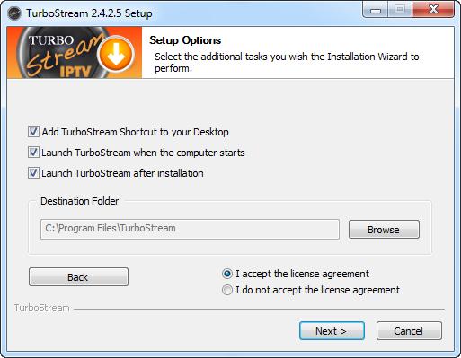 Setup Options Setup Options screen allows you to select additional tasks you would like the Installation Wizard to perform before completing the TurboStream setup and choose an installation path for
