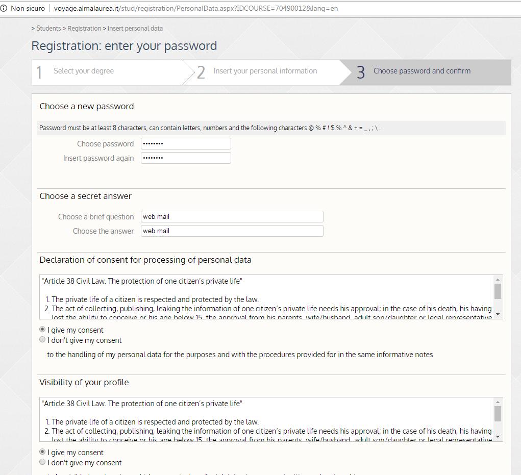 To finalize the registration you have to choose a password and give