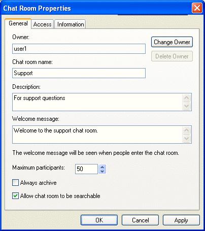 2 (Optional) Select the owner of the chat room. By default, the owner is the user who is creating the chat room. 3 Type the chat room name.