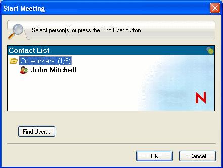 2 Click Find User, then search for the user based on the name or user ID. 3 Click Next. 4 Select the user you want to start a meeting with, then click Finish. 10