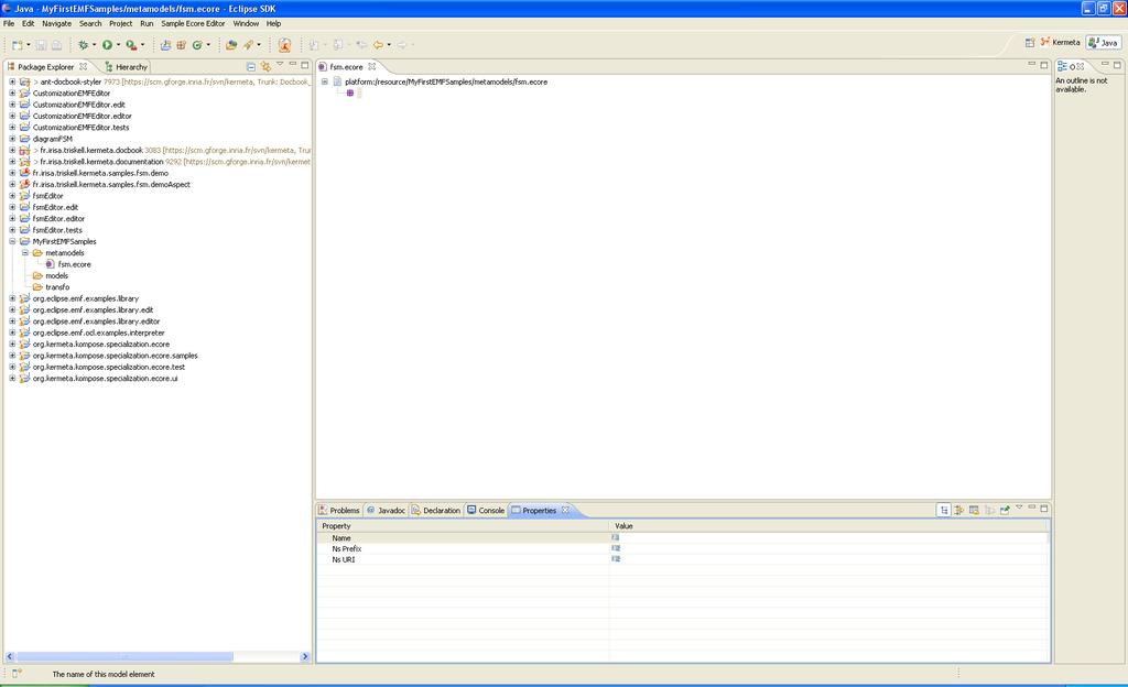 Figure 1.6. ecore file into Eclipse 8. At this stage, it is now possible to add children to the created root (which is fsm EPackage in the considered example).