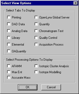 Chapter 2 OpenLynx Setup The OpenLynx Setup Toolbar Figure 2.4 The Select View Options dialog. Figure 2.5 The Setup Toolbar Toolbar button Menu equivalent File, New Purpose Create a new OpenLynx parameter file.