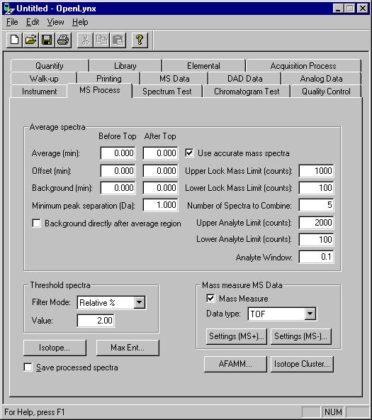 Chapter 2 OpenLynx Setup MS Process Page Figure 2.14 The MS Process Page This page allows users to process MS data.