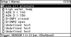 2.5 Alarm configuration The alarms screen shows a list of all programmable alarms: Each line, presents a summary of the alarm; First column indicates if the alarm gives Shutdown signal or not (alarm