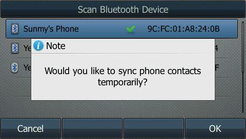 ) Press OK to enable the mobile contacts sync feature and the IP phone will sync the mobile contacts temporarily, or press Cancel to disable mobile contacts sync feature and the IP phone will not