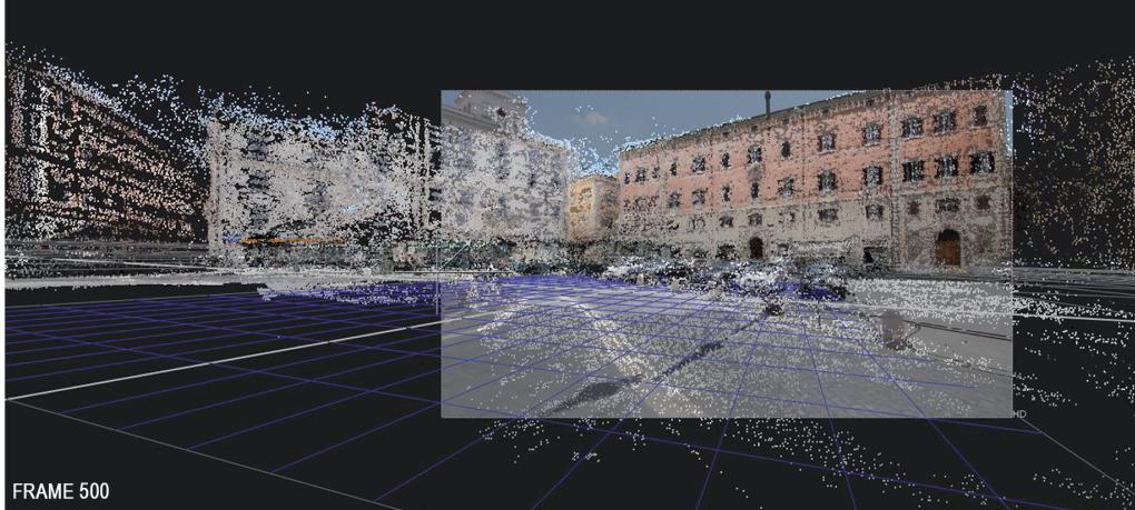 Fig. 3. Overlapping of point cloud with image sequence at frame 500 on the shots taken in the fi eld using matchmoving techniques, allows to get a perfect synchrony between frames and movement (Fig.