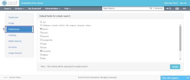 3. PREFERENCES Gives the option for librarians to add more criteria to simple search