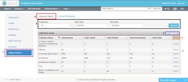 7. USAGE REPORTS Al Manhal Platform provides two kinds of usage reports: a- STANDARD REPORT Shows the usage of Al Manhal Platform per collection 1- FILTER: Report data can be sorted