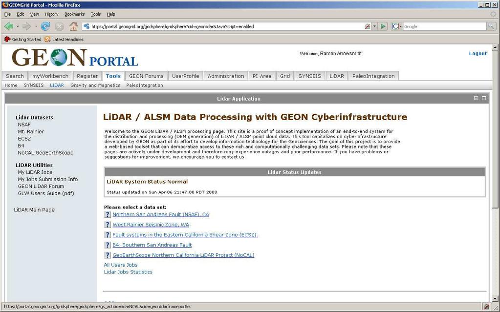 Data access We assume that you know how to get into the Geon LiDAR Workflow pages inside the GEON Portal: http://www.geongrid.