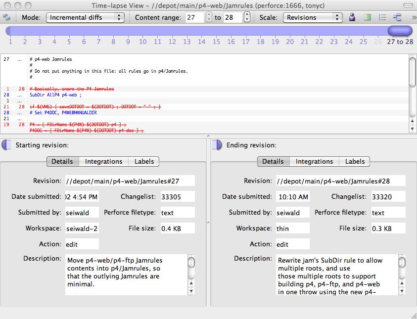 Graphical Reporting Tools Browsing file revisions using Time-lapse View To browse the changes made to a text file, context-click the file in the left pane and choose Time-lapse View.
