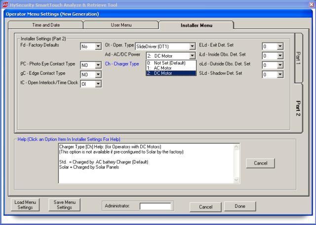 10 Configure Menu Settings, cont. A field for the AC/DC Power (Ad) appears on the Part 2 tab of the Installer Menu beneath the Operator Type.