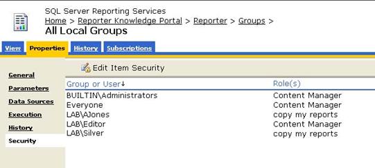 Services (as described below). 6. Finish the wizard. To specify security settings for a single report 1.